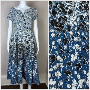 Vintage 1950s Blue Floral Border Print Dress, Originated by Murray White XXS/XS